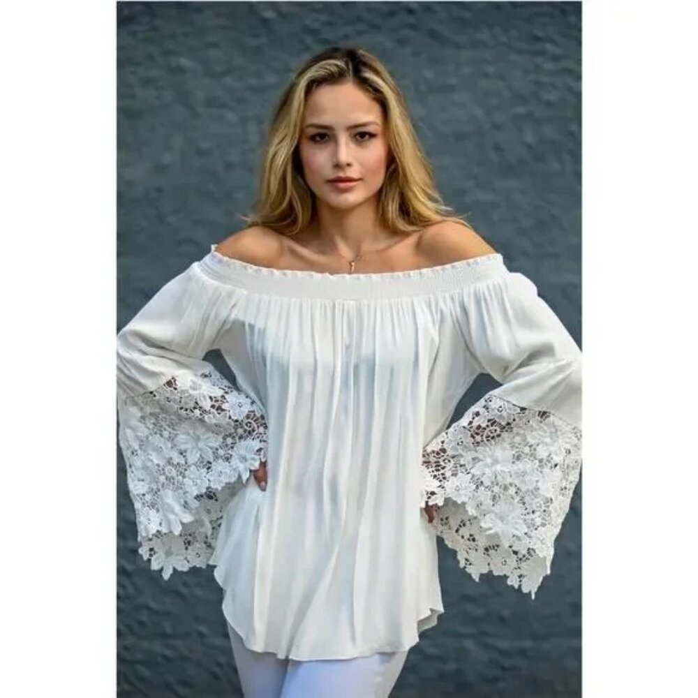 Muche et Muchette White Embroidered Sleeves Women’s Blouse‎ One Size